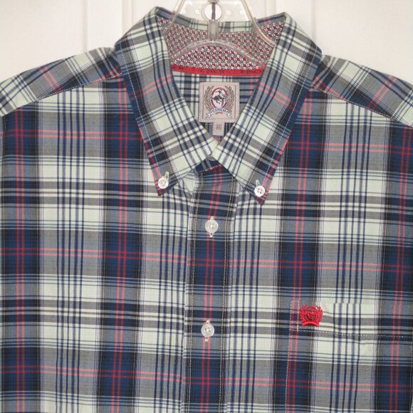 Cinch Mens L/S Blue Red Cotton Plaid Button Down Shirt NWOT - Size 17/34-35 or M - Picture 1 of 3